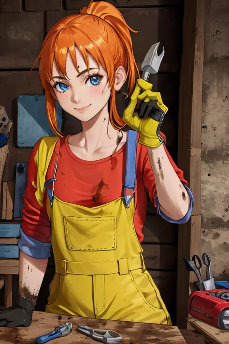 masterpiece, best quality, 1girl, solo, upper body, <lora:terraria_mechanic-10:0.8> trmechanic, ponytail, overalls, shirt, pipe wrench, adjustable wrench, holding wrench, looking at viewer, smile, gloves, oil, dirty, dirty clothes, dirty face
