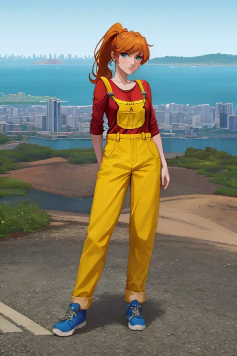 masterpiece, best quality, 1girl, solo, full body, <lora:terraria_mechanic-10:0.8> trmechanic, ponytail, overalls, shirt, <lora:background-terraria-richy-v1:1> terrariabackground, cityscape, city, horizon, looking at viewer,