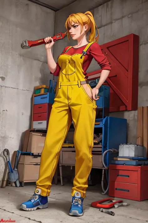 masterpiece, best quality, 1girl, solo, full body, standing, leaning back, <lora:terraria_mechanic-10:0.8> trmechanic, ponytail, dirty face, mechanic, workshop, autoshop overalls, shirt, truck, pipe wrench