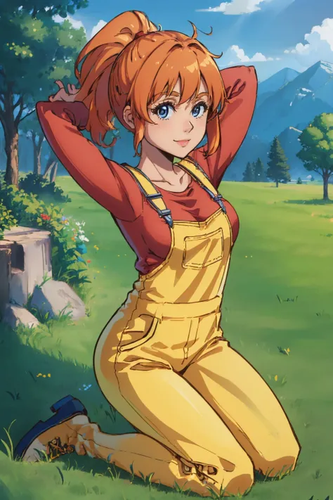 (masterpiece, best quality:1.2), solo, 1girl, trmechanic, smile, looking at viewer, seiza, arms behind head, ponytail, overalls, shirt, outdoors, grass <lora:terraria_mechanic:1.0>