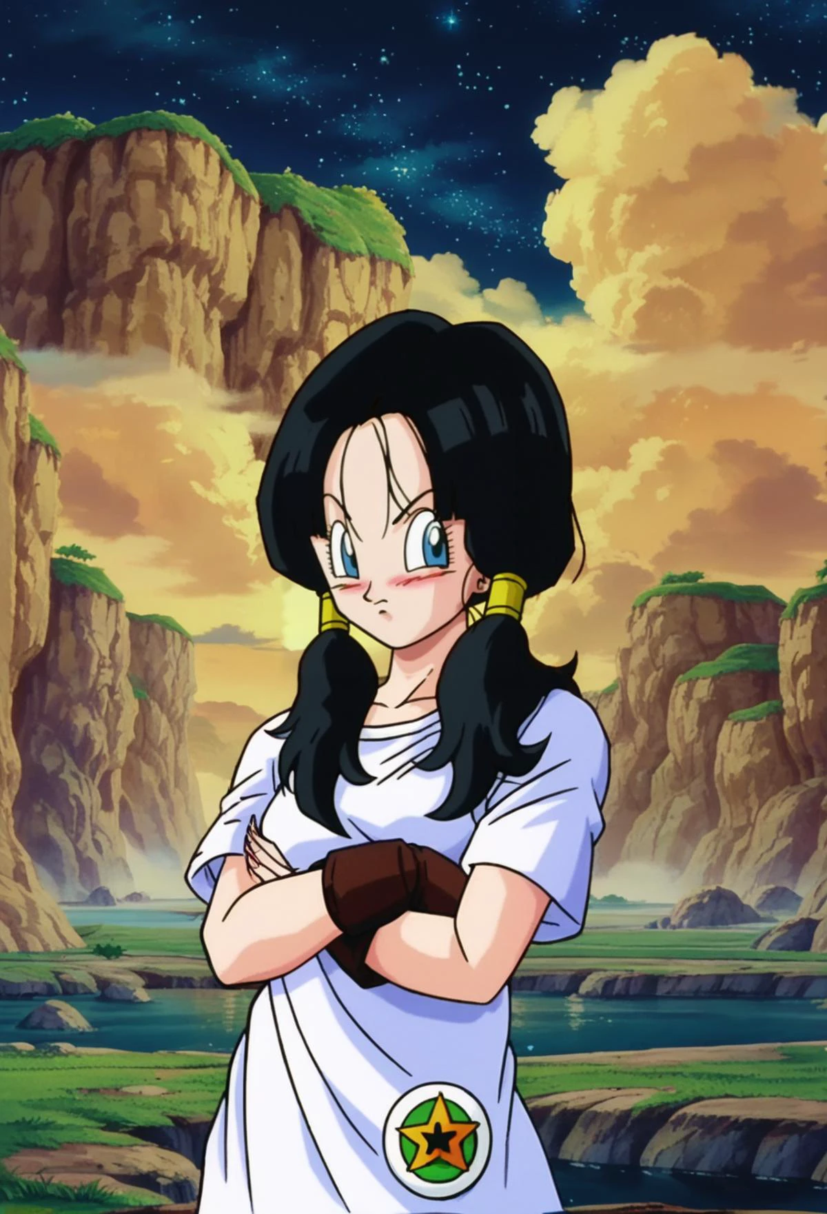 score_5, score_6, score_7, score_9, score_8_up, source_anime, pokemon, anime screencap, <lora:Shintani_Style>, BREAK,
videldbz, raised eyebrows, 1girl, solo, long hair, blue eyes, black hair, white shirt, cowboy shot, long shirt, twintails, short sleeves, outdoors, sky, cloud, water, star \(symbol\), night, crossed arms, star \(sky\), night sky, brown gloves, starry sky, blush, looking to the side, wind, fingernails, badge, eyelashes
<lora:Videl_pony_v1:0.8>