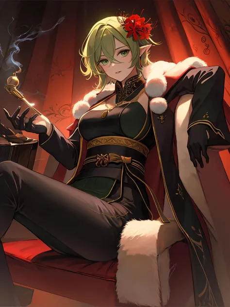 masterpiece,best quality,highres,cinematic lighting,dramatic angle,<lora:ShadowverseSkeletonMagachiyoV1-000042:0.8> ,1girl,pointy ears,capelet,black suit,sash,gloves,green hair,green eyes,hair flower,necklace,decorations,smoking pipe,smoking,steam,looking at viewer,smile,latex,sitting,legs crossed,clothing cutout,from below,parted lips,portrait,close-up,shaded face,serious,glowing eyes,wooden chair,spider lily