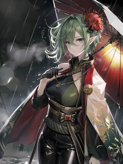 masterpiece,best quality,highres,cinematic lighting,dramatic angle,1girl,green hair,green eyes,hair flower,pointy ears,<lora:ShadowverseMagachiyoV3-000017:0.8:lbw=mgcy>,black suit,black pants,sash,capelet,holding umbrella,profile,depth of field,necklace,expressionless,blurry background,steam,fog,rainy,raindrops,heavy rain,gradient background,traffic lights,headlight,from side,<lora:add_detail:0.5>,