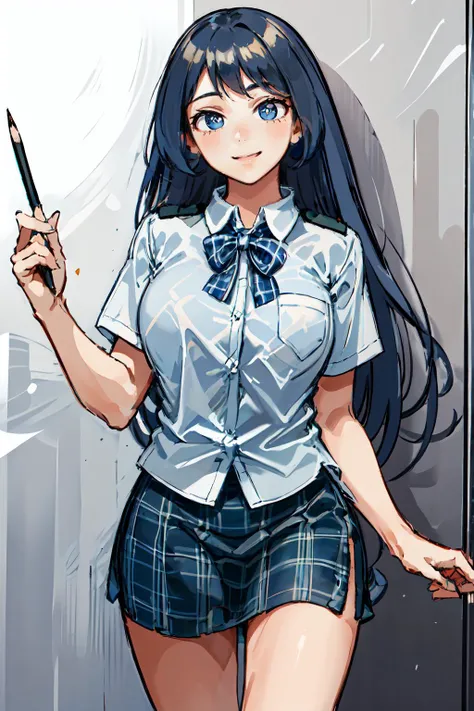 <lora:SHS_student_prototype:0.65> CNHS, student, uniform, Philippine student, white blouse, (pencil skirt, ligh blue plaid pattern:1.3), bowtie, <lora:hadou_nejire:0.9> ccnejire, blue eyes, blue hair, long hair, large breasts, smile,, ultra detailed, masterpiece, best quality, aesthetic, detailed,