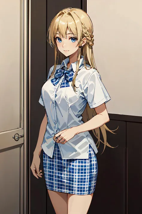 <lora:SHS_student_prototype:0.7> CNHS, student, uniform, Philippine student, white blouse, pencil skirt, ligh blue plaid pattern, bowtie,, ultra detailed, masterpiece, best quality, aesthetic, detailed,, solo, soft smile, light smile,
1girl, blue eyes, very long hair, blonde hair, long blonde hair, french braid, bangs, medium breasts,