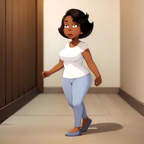 ((masterpiece, best quality)),(complex lighting) , solo ,1girl, full body, donna tubs, dark skin, <lora:DonnaTubbs1-10:0.8>,short hair, white shirt,blue pants, black eyes, walking,