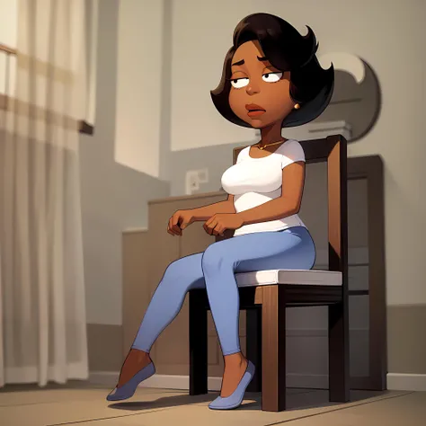 ((masterpiece, best quality)),(complex lighting) , solo ,1girl, full body, donna tubs, dark skin, <lora:DonnaTubbs1-10:0.8>,short hair, white shirt,blue pants, black eyes, sitting, on chair,