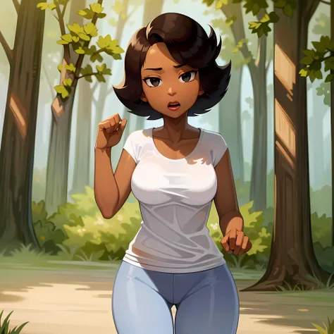 ((masterpiece, best quality)),(complex lighting) , solo ,1girl, upper body, donna tubs, dark skin, <lora:DonnaTubbs1-10:0.8>,short hair, white shirt,blue pants, black eyes, walking, forest,