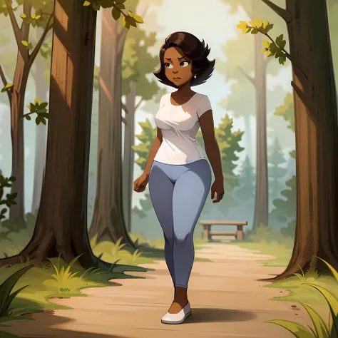 ((masterpiece, best quality)),(complex lighting) , solo ,1girl, full body, donna tubs, dark skin, <lora:DonnaTubbs1-10:0.8>,short hair, white shirt,blue pants, black eyes, walking, forest,