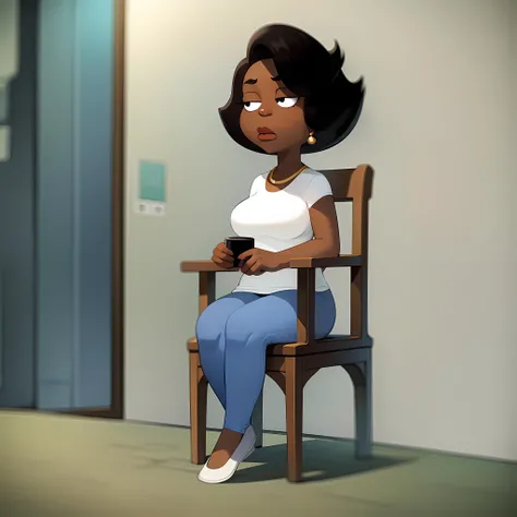 ((masterpiece, best quality)),(complex lighting) , solo ,1girl, full body, donna tubs, dark skin, <lora:DonnaTubbs1-10:0.8>,short hair, white shirt,blue pants, black eyes, sitting, on chair,