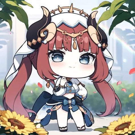 1girl, (chibi:1.2)
beautiful, elegant,
<lora:nilouGenshinImpact_v10:1.1:MIDD> nilou (neither flower nor mist) (genshin impact), aqua eyes, fake horns, red hair, long hair, crop top, jewelry, horns, veil, bracer, brooch, long sleeves, puffy long sleeves, skirt, bangs, twintails, puffy sleeves, neck ring, gold trim, parted bangs, circlet, blue skirt, hair ornament, detached sleeves, low twintails, floating hair, gem, blue gemstone, dancer, white headwear, midriff, very long hair,
around the garden, flowers, butterflies, sunlight, sunflowers, lilies, roses, nature, petals, lens flare,
<lora:itpiki-10:1>
