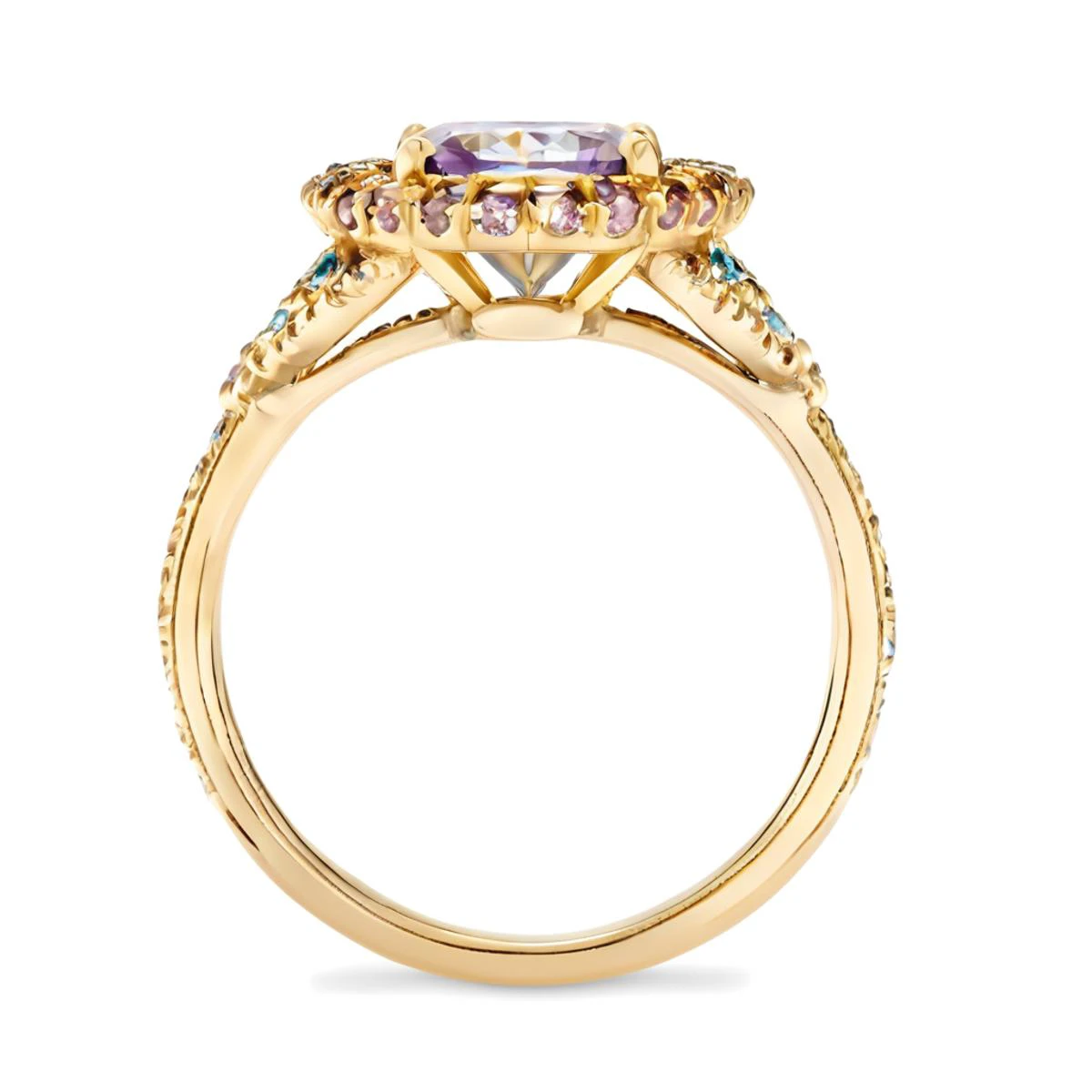 An 18k gold ring with slender and dynamic arms for women, in a Victorian style with hand-painted effect. The ring is shaped with butterfly elements, the main stone is set with purple colored gemstones, the butterfly wings are partially enameled with hollow windows,and the colors are a dreamy blue and purple gradient