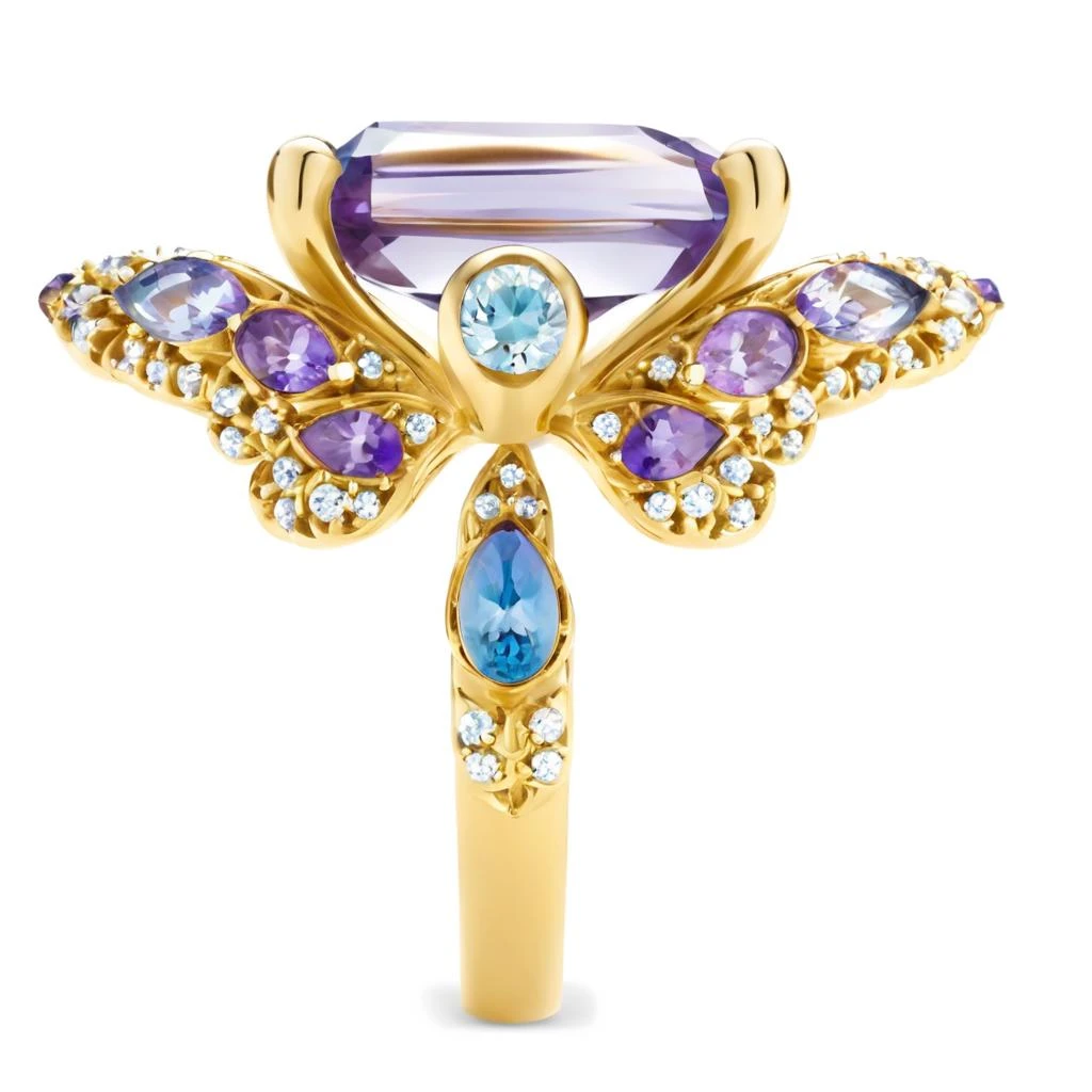 An 18k gold ring with slender and dynamic arms for women, in a Victorian style with hand-painted effect. The ring is shaped with butterfly elements, the main stone is set with purple colored gemstones, the butterfly wings are partially enameled with hollow windows,and the colors are a dreamy blue and purple gradient