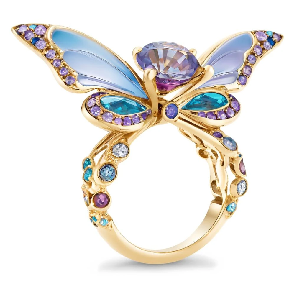 An 18k gold ring with slender and dynamic arms for women, in a Victorian style with hand-painted effect. The ring is shaped with butterfly elements, the main stone is set with purple colored gemstones, the butterfly wings are partially enameled with hollow windows,and the colors are a dreamy blue and purple gradient