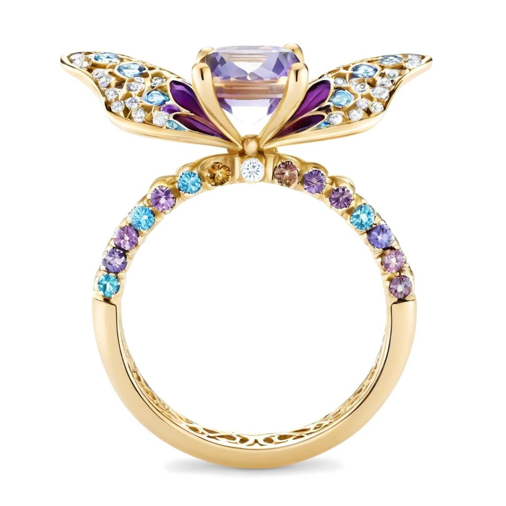 An 18k gold ring with slender and dynamic arms for women, in a Victorian style with hand-painted effect. The ring is shaped with butterfly elements, the main stone is set with purple colored gemstones, the butterfly wings are partially enameled with hollow windows,and the colors are a dreamy blue and purple gradient