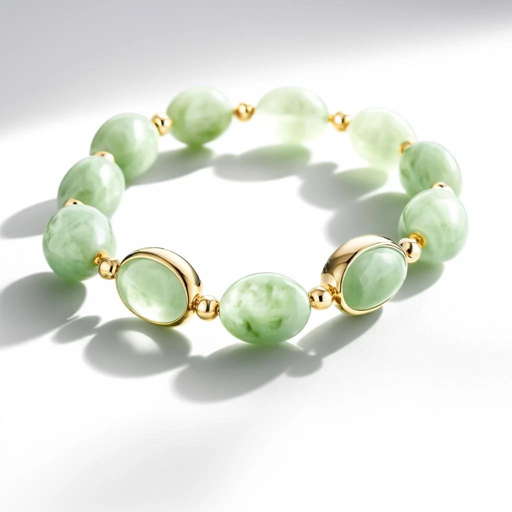 Jewelry photography, jewelry jade bracelet, very light green pastel shades range of background, interior, lifestyle, spring, 32k