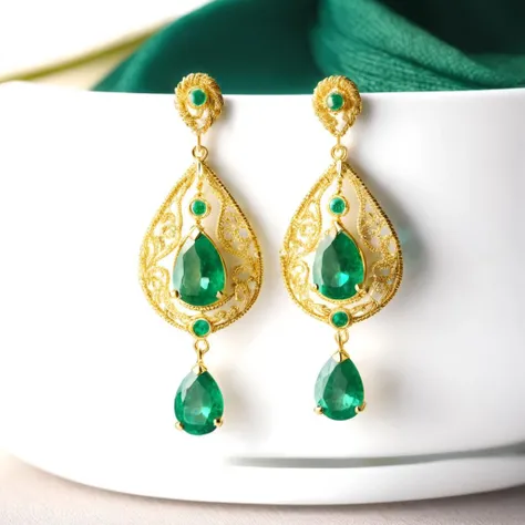 Close-up shot of earrings made of gold thread, emerald, handmade, gold thread workmanship, dreamy quality, small and exquisite, precise lines, noble, luxurious, stunning, detail, delicate light and shadow