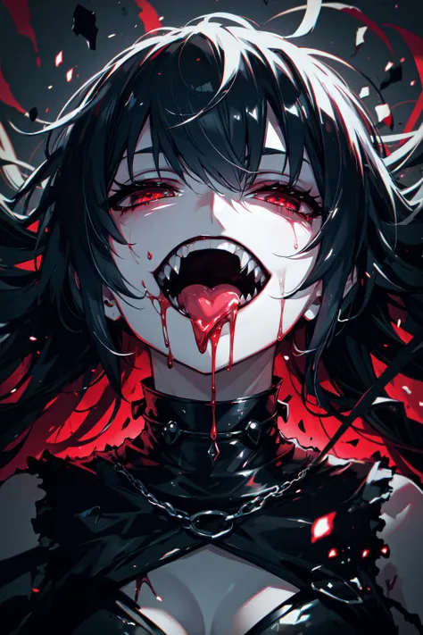 best quality,masterpiece,realistic,1girl, solo, blood, long hair, red eyes, open mouth, blood on face, tongue, teeth, fangs, bangs, smile, black hair, looking at viewer