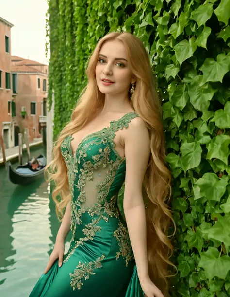 In the romantic heart of Venice, with the Grand Canal glistening in the distance, a captivating woman named Sxhiya, her long golden hair cascading down her back like a silky waterfall and her radiant sapphire eyes shining brightly, poses solo against an ivy-covered wall in an ethereal emerald green gown adorned with intricate lace and Swarovski crystals, creating an enchanting portrait that perfectly encapsulates the essence of romance and timeless elegance. <lora:svygli18fde1288ffv618:1>