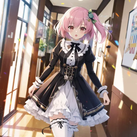 high quality, best quality, masterpiece, absurdres, riri hitotsuyanagi, dress, 1girl,  <lora:riri:0.75>, hallway