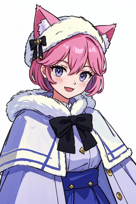 (masterpiece, best quality),  intricate details,
1girl,   <lora:nyatasha_nyanners:0.8> nyatasha nyanners, virtual youtuber, animal ears, cat ears, dress, hat, pink hair, smile, purple eyes, fur trim, looking at viewer, cat girl, capelet, bangs, solo, animal ear fluff, hair between eyes, bow, open mouth, winter clothes, black bow, blush, medium hair, fur-trimmed dress, fur hat, fur-trimmed capelet, long sleeves, fang, blue dress, :d, white headwear, frills, fur-trimmed sleeves, purple dress, coat, short hair, snowflakes, white background, winter coat, bowtie, skin fang, buttons, simple background, frilled dress, blue eyes, cat tail, eyelashes, black bowtie
 <lora:takahashi_rumiko_offset:0.8> takahashi rumiko,