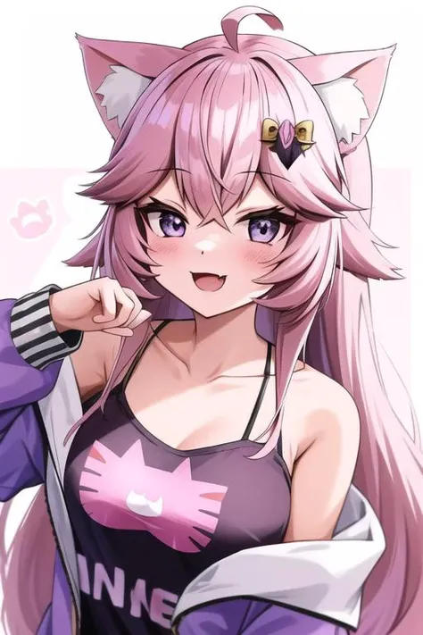 <lora:nyatasha_nyanners:1>, nyatasha nyanners, masterpiece, best quality, 1girl, virtual youtuber, animal ears, cat ears, pink hair, purple eyes, long hair, paw pose, cat hair ornament, solo, ahoge, looking at viewer, smile, blush, animal ear fluff, open mouth, jacket, fang, camisole, hair ornament, cat print, off shoulder, bare shoulders, :3, collarbone, cat girl, hoodie, hood, :d, very long hair, skin fang, upper body, bangs,