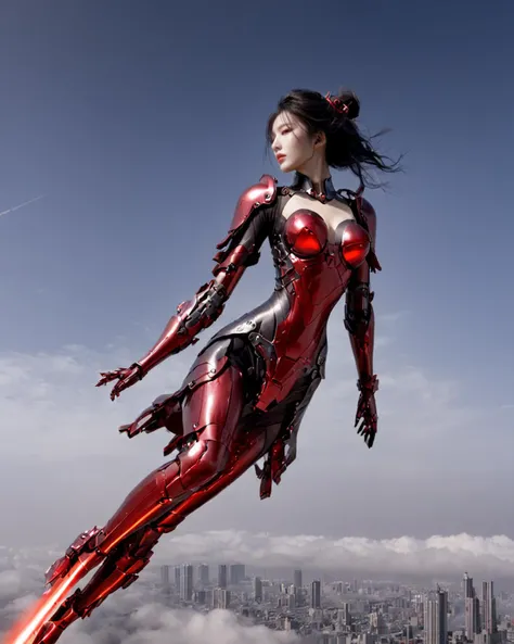 1girl,(sword-stepping flight:1.3),mechanical girl,<lora:yjfx0913xlå¾¡åé£è¡ v10:0.75>,girl standing on a sword suspended over the city,standing on the sword flying the sword flying over the clouds,(standing on the sword:1.4),above clouds,skyline,above clouds,(solo:1.2),(side:1.3),<lora:ç§å¹»-éªåé»çº¢sdxl:0.7>,blood and black,gray clouds,dark red light,fire of war,flying sword,red eyes,high quality exquisite wallpaper,wide_shot,photon force field,metal exquisite mechanical structure,(power_armor:1.3),helmet,armored_boots,black metal mecha red fluorescent,(black mecha:1.4),(mechanical limbs:1.5),layered_skirt,curled_horns,goat_horns,slit_pupils,lipstick,red mechanical fingers,