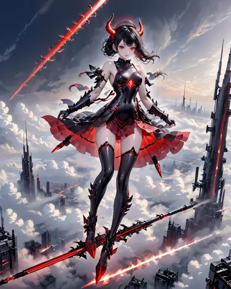 1girl,(sword-stepping flight:1.3),mechanical girl,<lora:yjfx0913xlå¾¡åé£è¡ v10:0.75>,girl standing on a sword suspended over the city,standing on the sword flying the sword flying over the clouds,(standing on the sword:1.4),above clouds,skyline,above clouds,(solo:1.2),(side:1.3),<lora:ç§å¹»-éªåé»çº¢sdxl:0.7>,blood and black,gray clouds,dark red light,fire of war,flying sword,red eyes,high quality exquisite wallpaper,wide_shot,photon force field,metal exquisite mechanical structure,(power_armor:1.3),helmet,armored_boots,black metal mecha red fluorescent,(black mecha:1.4),(mechanical limbs:1.5),layered_skirt,curled_horns,goat_horns,slit_pupils,lipstick,red mechanical fingers,