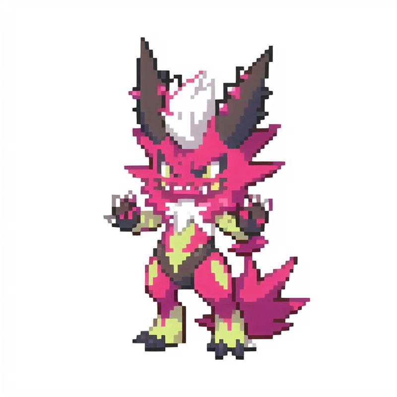 high quality, best quality, (masterpiece:1.05), (single, solo, alone, individual:1.05), front sprite, three-quarter view, (front:1.05), (full body:1.05), pixel, pixelart, (front view, standing up, fighting:1.05), <lora:pksp768_V2-1:0.5>, shiny, (white background:1.07), (poisontype, bubblegum pink, cute:1.08), neon green, (normal:0.95), (boy, suggestive:0.6), (echidna, monotreme, spiky hair, spiky fur, big hair, brown, snout, four fingers, claws, long snout, quills, black nose, thick_neck:1.08), (donkey, thick_neck, long legs, mane, hooved fingers, grey fur, black nose, horse_tail, buckteeth:0.95)