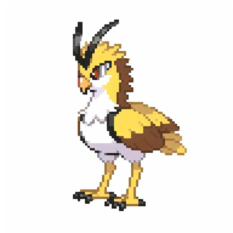 high quality, best quality, (masterpiece:1.05), (single, solo, alone, individual:1.05), front sprite, three-quarter view, (front:1.05), (full body:1.05), pixel, pixelart, (front view, standing up, fighting:1.05), <lora:pksp768_V2-1:0.5>, (white background:1.07), (ice, sage, pokemon:1.08), light brown, (electrictype:0.95), (boy:0.6), (goat, horn, hooved fingers, thick neck, scut tail, paper reed:1.08), (parakeet, wings, winged arms, tail feathers, scutes, glitch hop:0.95)