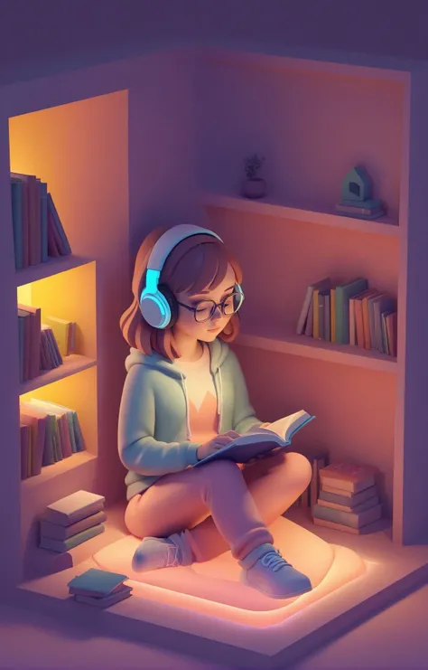 3d isometric, blender render, soft colorful-hued colors, a cute girl wearing headphones and reading a book, cozy, at night <lora:LoFiPastel-000005:1> Two tone lighting, abstract geometric gradients, geometric shapes, simple background