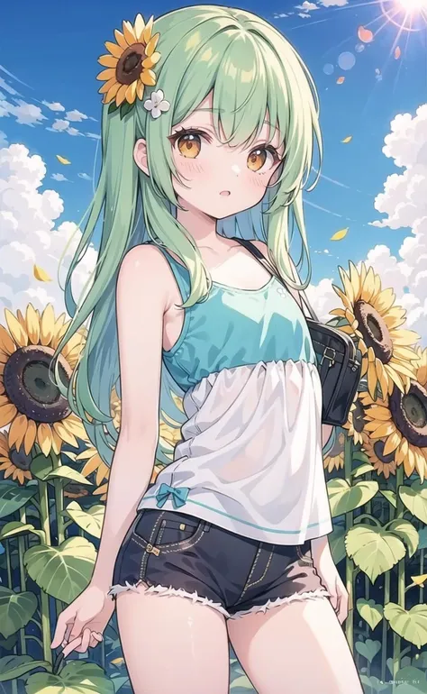 (pixiv masterpiece),masterpiece, best quality, 1girl,cute,kawaii, flat chest, green hair,orange eyes,clover hair ornament, long hair, disheveled hair, messy hair,autumn,sunshine,dry,blue sky,pound,sunflower,