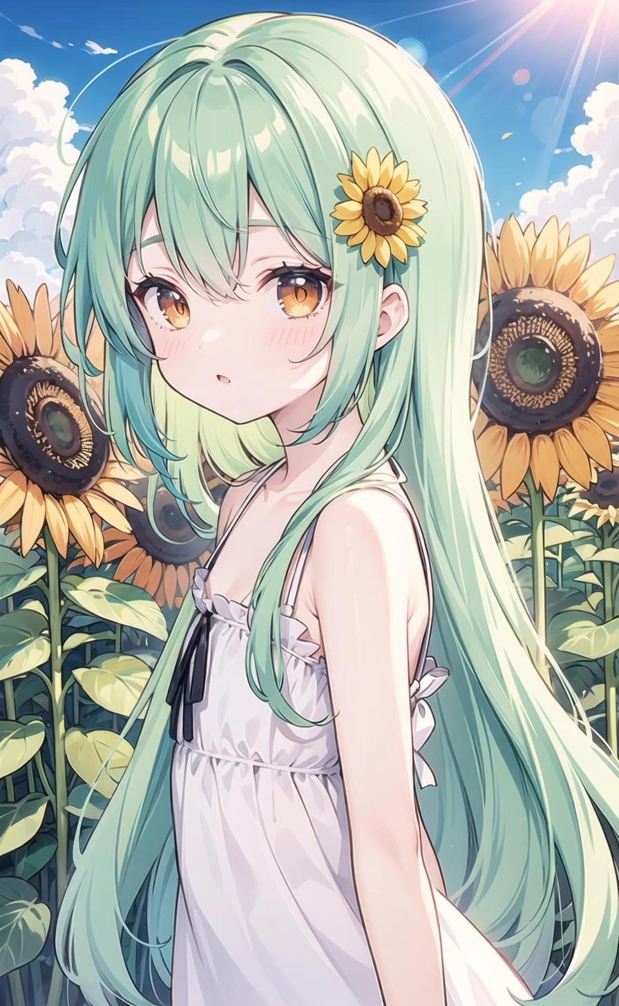 (pixiv masterpiece),masterpiece, best quality, 1girl,cute,kawaii, flat chest, green hair,orange eyes,clover hair ornament, long hair, disheveled hair, messy hair,autumn,sunshine,dry,blue sky,pound,sunflower,