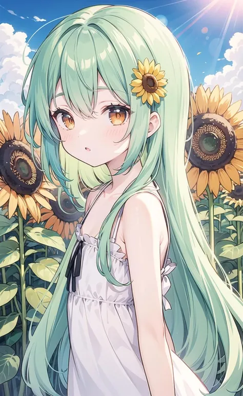 (pixiv masterpiece),masterpiece, best quality, 1girl,cute,kawaii, flat chest, green hair,orange eyes,clover hair ornament, long hair, disheveled hair, messy hair,autumn,sunshine,dry,blue sky,pound,sunflower,