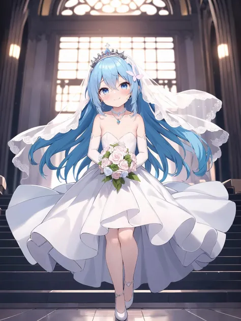 seductive smile, happy tears,, masterpiece, best quality, highly detailed, illustration, beautiful detailed girl, (surrounded_by_floating_sakura, bride, holding bouquet, off shoulder Strapless dress, organdie , butterfly, wing collar, bridal veil, elbow gloves, hair ornament, holding bouquet, jewelry, necklace, white dress, wedding dress, veil, tiara, wedding, rainbow, church external, hair tucking, blush, head tilt, summoning:1.05), (hair bow, blue eyes, hair between eyes, very long hair, [blue hair | ice hair]:1.15), (eye reflection, collarbone, flat chest, nape, flat chest, kawaii,cute,full body:1.05), (1girl, solo:1.1)
