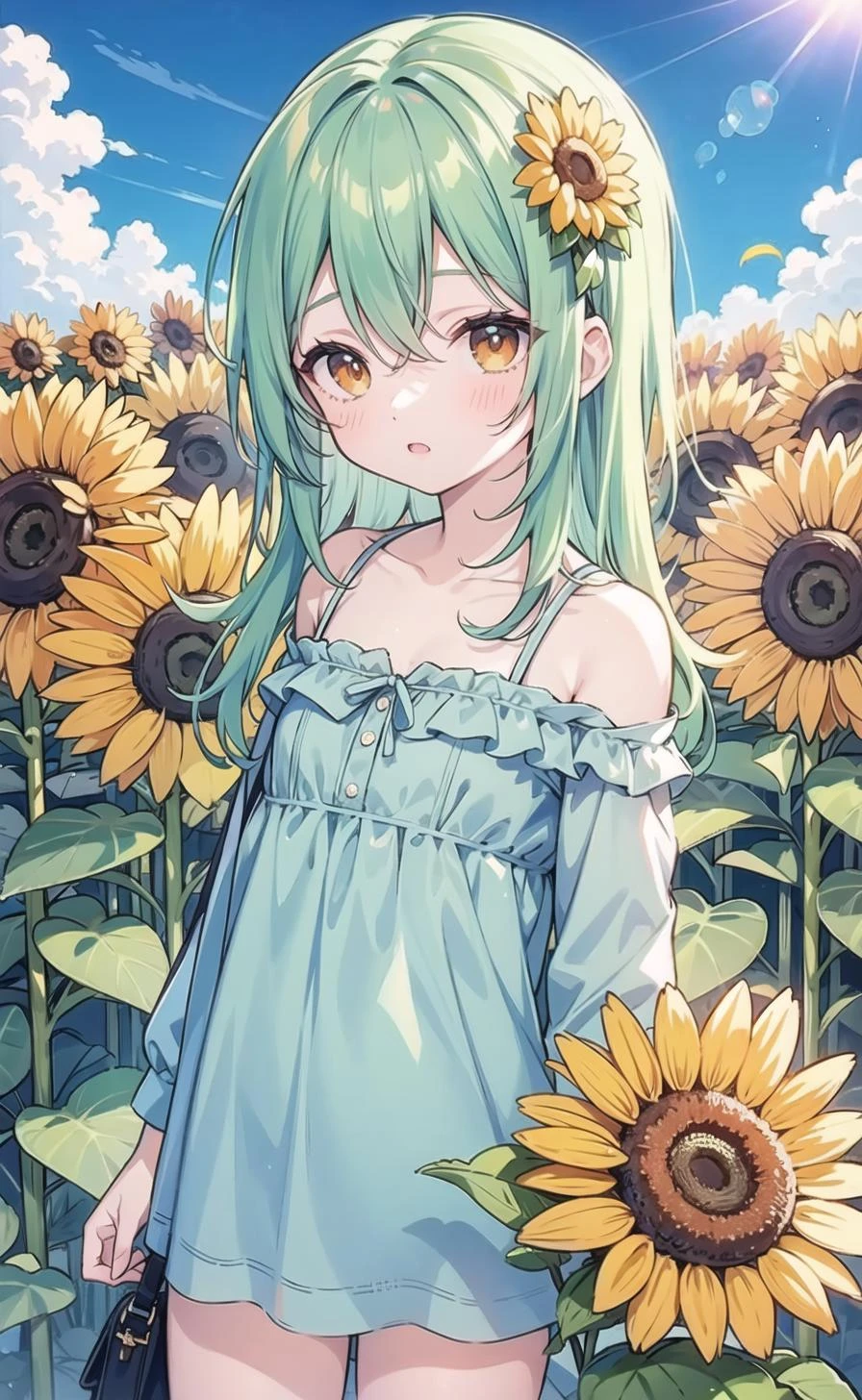 (pixiv masterpiece),masterpiece, best quality, 1girl,cute,kawaii, flat chest, green hair,orange eyes,clover hair ornament, long hair, disheveled hair, messy hair,autumn,sunshine,dry,blue sky,pound,sunflower,