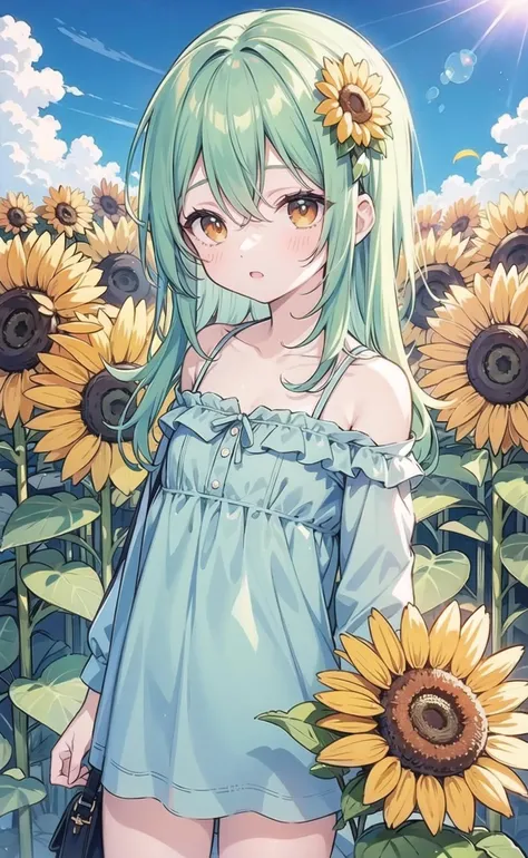 (pixiv masterpiece),masterpiece, best quality, 1girl,cute,kawaii, flat chest, green hair,orange eyes,clover hair ornament, long hair, disheveled hair, messy hair,autumn,sunshine,dry,blue sky,pound,sunflower,