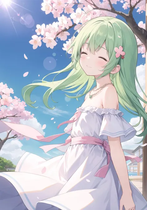 (pixiv masterpiece), masterpiece, best quality, blue sky, white cloud, (wind:1.1), cute, kawaii, solo, wind dress, sunlight, lens flare, beaitul dress, depth of field,
BREAK,
1girl, flat chest, green hair, closed eyes, head tilt, clover hair ornament, looking at viewer, long hair, disheveled hair, messy hair, blank stare, standing, butterfly, off shoulder Strapless dress, jewelry, necklace, hand in own hair, light smile,
BREAK,
(surrounded_by_floating_sakura:1.2), (cherry blossoms:1.2), (flying feathers:1.1), flower, face focus, from side,