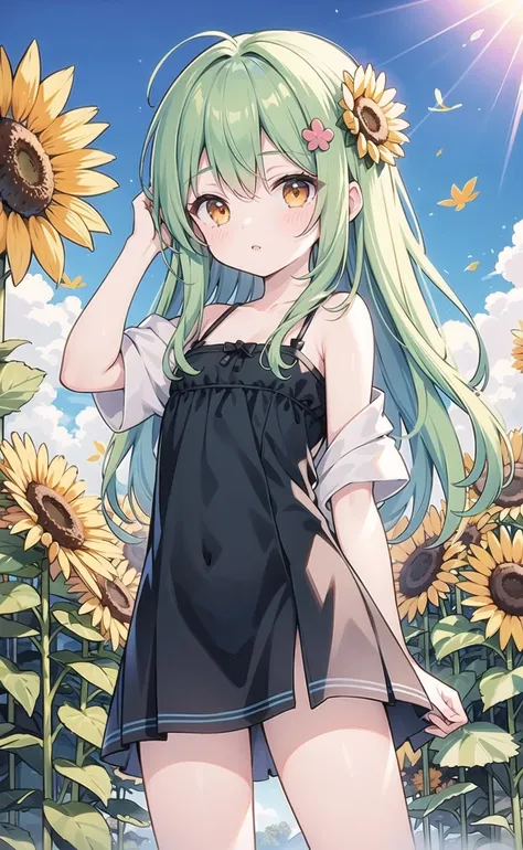 (pixiv masterpiece),masterpiece, best quality, 1girl,cute,kawaii, flat chest, green hair,orange eyes,clover hair ornament, long hair, disheveled hair, messy hair,autumn,sunshine,dry,blue sky,pound,sunflower,
