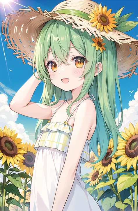 (pixiv masterpiece),masterpiece, best quality, 1girl,cute,kawaii, flat chest, green hair,orange eyes,clover hair ornament, long hair, disheveled hair, messy hair,summer,sunshine,sunflower,straw hat,:d