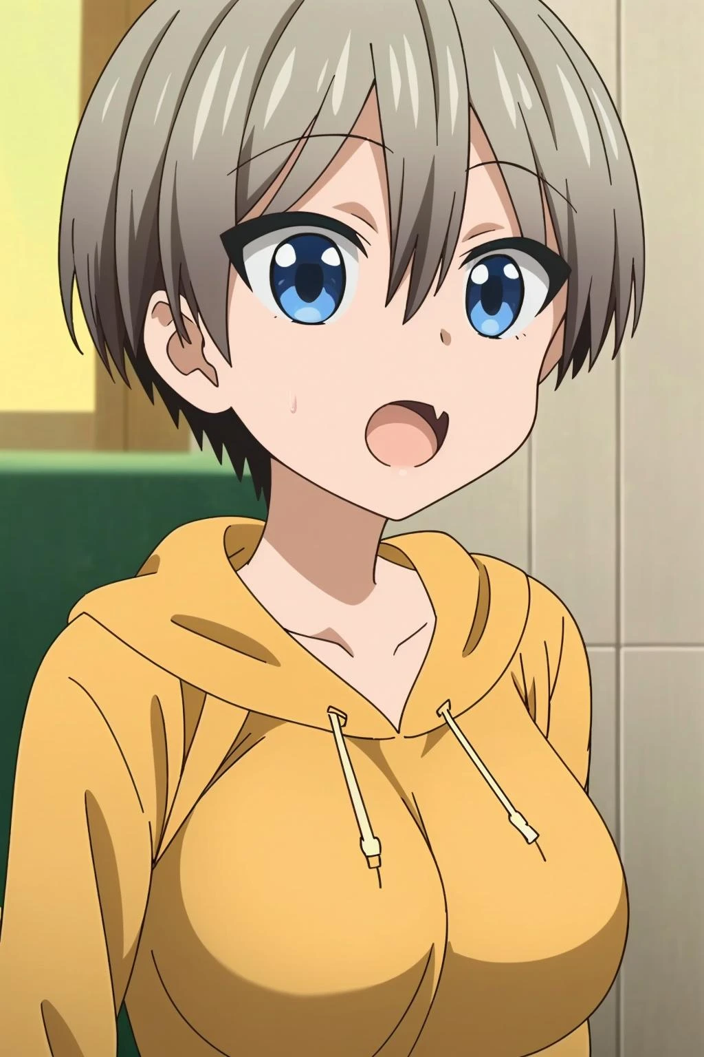 <lora:å®å´è±1V-000008:0.8>,1girl,å®å´è±,short hair,blue eyes,bangs,skin fang,grey hair,fang,hair between eyes,large breasts, nsfw
strap between breasts,hood,hoodie,yellow hoodie,collarbone,, Exquisite visuals, high-definition,masterpiece,best quality,