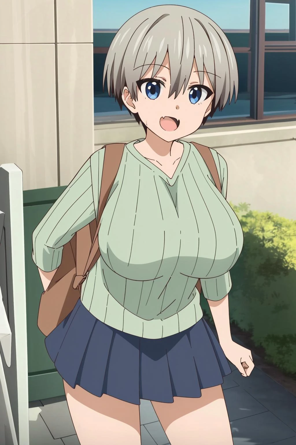 <lora:å®å´è±1V-000010:0.8>,1girl,å®å´è±,short hair,blue eyes,bangs,skin fang,grey hair,fang,hair between eyes,large breasts,
pleated skirt,blue skirt,green sweater,long sleeves,collarbone,ribbed sweater,v-neck,green shirt,
backpack,, Exquisite visuals, high-definition,masterpiece,best quality,