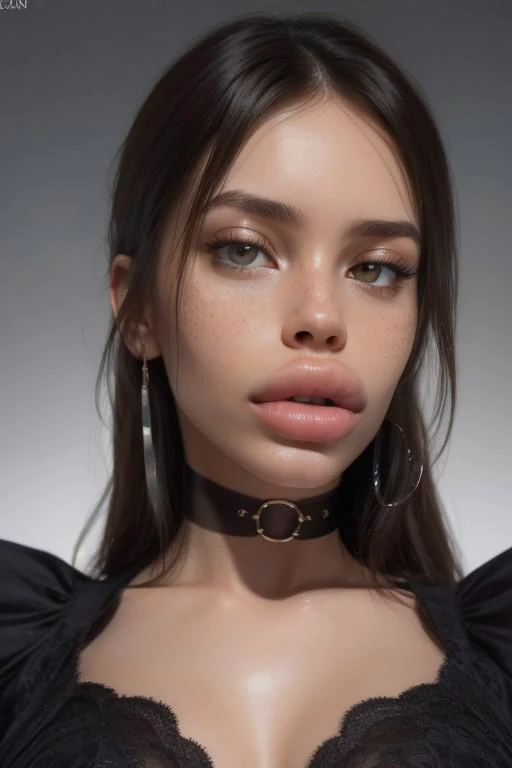 (8k, RAW photo, highest quality), highest quality, absurdres, extremely detailed, sharp focus, professional lighting, 8k wallpaper, photo of a beautiful gorgeous girl, (big lips, bimbolips:1.2), natural skin, freckles, big cheekbones, big jaw, model face shapes, normal nose, (realistic face proportions, extremely realistic: 1.4), cute, pretty, young, (extremely detailed face features: 1.3), (natural beauty:1.4),
detailed, extremely high-resolution details, photographic, realism pushed to extreme, fine texture, 4k, ultra-detailed, high quality, high contrast, medium breasts, tight top,
Looking at viewer, halfsection, choker, big earrings, (full body view:1.2),