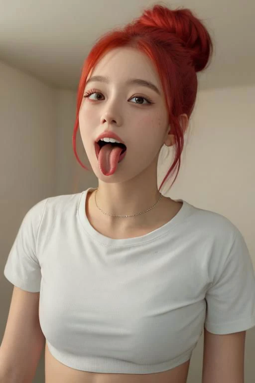 (Bella Poarch:0.8), (Lalisa Manobal:0.5), photo of young woman, bright red hair with messy bun, skinny, white shirt, wearing tight croptop, look at the viewer, cinematic lighting, dslr, ultra quality, sharp focus, tack sharp, dof, film grain, Fujifilm XT3, crystal clear, 8K UHD, highly detailed glossy eyes, high detailed skin, skin pores, realistic, photorealistic, tongue out, wide open mouth