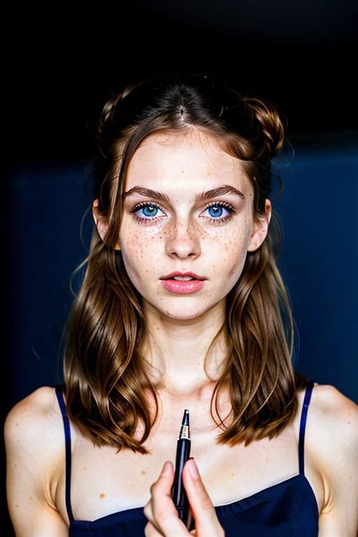 RAW photo, young russian girl wearing white business shirt, messy bun, brown hair, black glasses, slim body, anorexic body, at office, detailed face, purple eyelashes, purple eyelids, purple eyelids, veiny eyelinds, blue eyes, bright blue eyes with yellow stain, deep blue eyes, skinny face, freckled eyes, racoon eyes, restless eyes, freckled nose, purple eyelids, pointing upwards with a pen, standing full-frontal, Full-length, boney shoulders, white skin, visible purple veins under skin, pointing upwards, finger up in the air, dark black background image, elegant, facing the viewer of the photo, open mouth, hand in mouth, mouth pull, speaking, teaching, giving instructions, Eyes fixed on the lens, The shoulders and head appear in the photo, shallow depth of field, (high detailed skin:1.2), (pale skin: 5) 8k uhd, dslr, soft lighting, high quality, film grain, 20mp, Fujifilm XT3, 80mm, hasselblad.