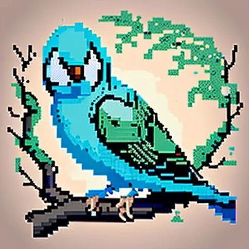 Create a 2D pixel art depiction of Toby, the blue budgie, perched on a branch. Render Toby's feathers with intricate white and black markings. Show him chirping happily with bright, curious eyes. Surround him with a vibrant forest backdrop. Capture Toby's playful energy and curiosity in every pixel. Use warm colors for a cozy atmosphere. Ensure accuracy using reference images of Toby. Craft a charming pixel art masterpiece celebrating Toby's whimsical spirit.