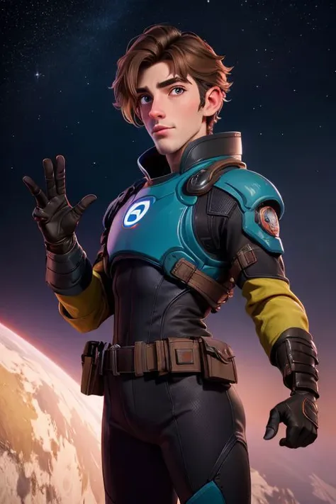 <lora:breen_lora:0.8>, breen, medium shot, digital art illustration of a breen man, wearing breen uniform and breen mask, light brown gloves, centered subject, waving hello, outside, location surface of an alien planet, stars in sky, nebula, night time, artstation, pixiv, highly detailed, 8k, outdoors