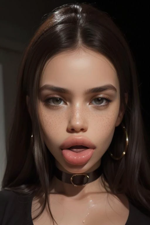 (8k, RAW photo, highest quality), highest quality, absurdres, extremely detailed, sharp focus, professional lighting, 8k wallpaper, photo of a beautiful gorgeous girl, (big lips, bimbolips:1.2), natural skin, freckles, big cheekbones, big jaw, model face shapes, normal nose, (realistic face proportions, extremely realistic: 1.4), cute, pretty, young, (extremely detailed face features: 1.3), (natural beauty:1.4),
detailed, extremely high-resolution details, photographic, realism pushed to extreme, fine texture, 4k, ultra-detailed, high quality, high contrast, medium breasts, tight top,
Looking at viewer, halfsection, choker, big earrings, (full body view:1.2), (long tongue:1.2), wet tongue out