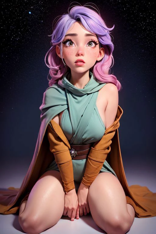 on the knees ((Jedi girl)), RAW photograph explosion of color, in space, stars hotography KatieLeclerc RAW photograph explosion KatieLeclerc, , vintage Polaroid Swinger, 75mm f/1.2, 1/260s, ISO 50, by Frank Frazetta ((sticky skin:1.2)) short stature under the cloak