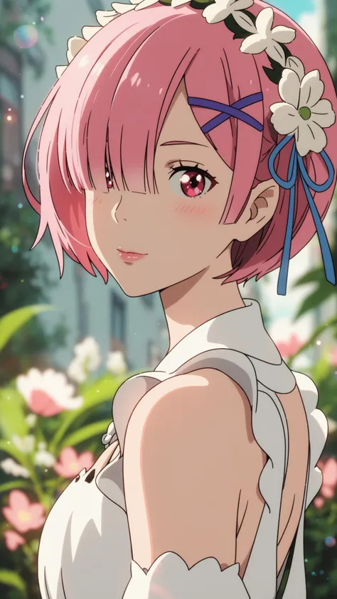 ghibli, score_9, score_8_up, score_7_up, i want the whole image to be created in 3D anime style, 1girl, solo, looking at viewer, blush, short hair, bangs, shirt, hair ornament, red eyes, dress, bare shoulders, closed mouth, upper body, pink hair, flower, sleeveless, hair flower, pink eyes, white dress, hair over one eye, blurry, from side, lips, looking to the side, depth of field, blurry background, x hair ornament, plant, white flower, blurry foreground, ram (re:zero)